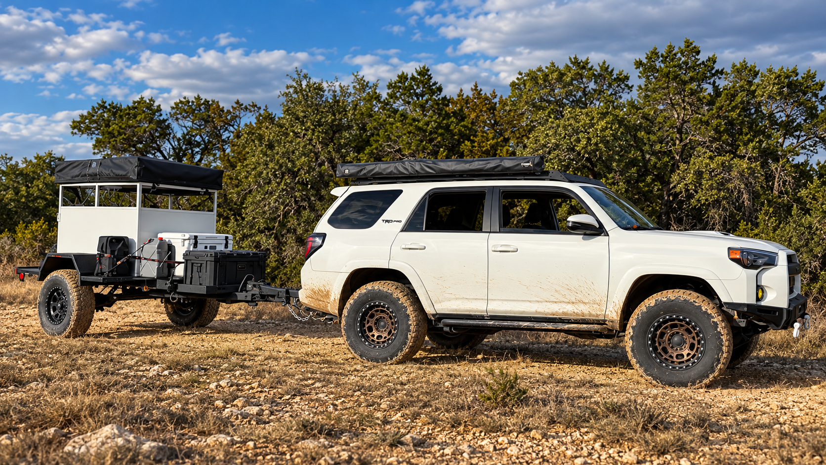 Our M116 military trailer converted into an overland camping rig, hitched to the white 4Runner in Texas